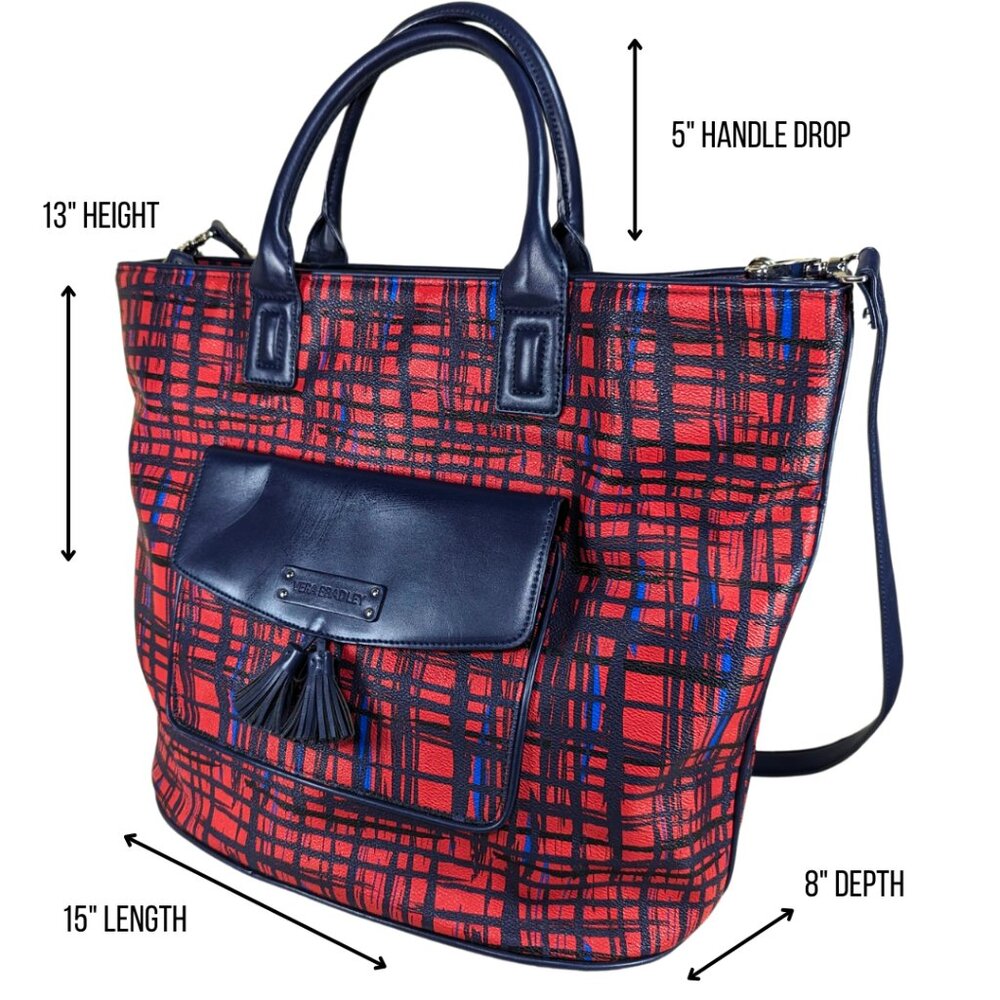 Vera Bradley Large Tassel Tote Blue & Red Coated Canvas 2 Way Crossbody - Picture 4 of 10
